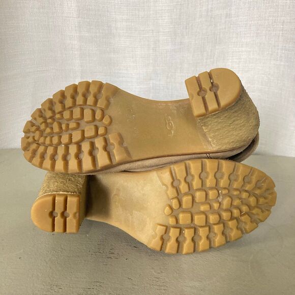 UGG Calynda Tan Suede Leather Heeled Booties Lace Up Sz 8 Shearling Lined Fall - Picture 3 of 11